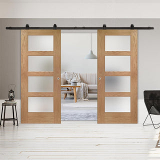Image: Top Mounted Black Sliding Track & Double Door - 4 Pane Shaker Oak Doors - Obscure Glass - Unfinished