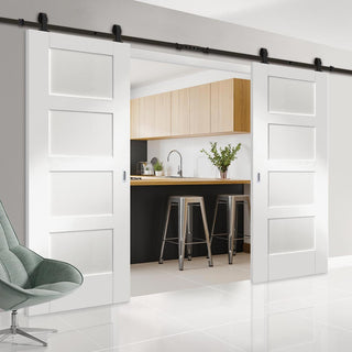 Image: Top Mounted Black Sliding Track & Double Door - Shaker 4 Panel Doors - White Primed