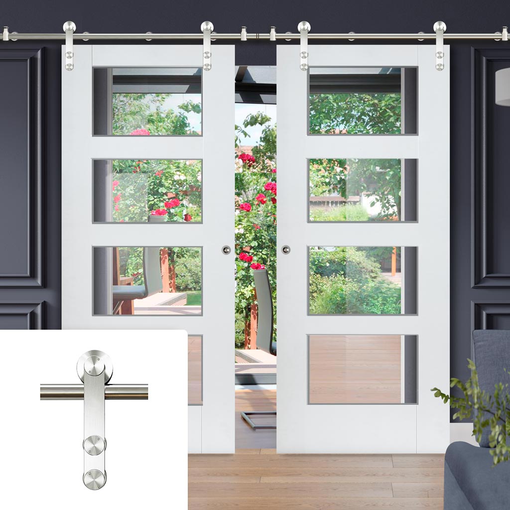 Saturn Tubular Stainless Steel Sliding Track & Shaker 4 Pane Double Door - Clear Glass - White Primed