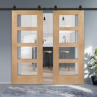 Image: Top Mounted Black Sliding Track & Double Door - Shaker Oak 4 Pane Doors - Clear Glass - Prefinished
