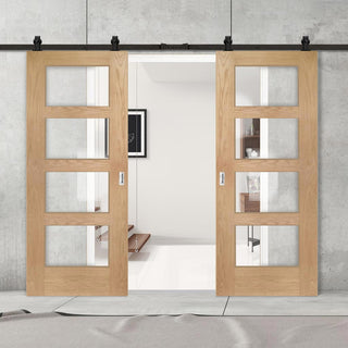 Image: Top Mounted Black Sliding Track & Double Door - Shaker Oak 4 Pane Doors - Clear Glass - Unfinished