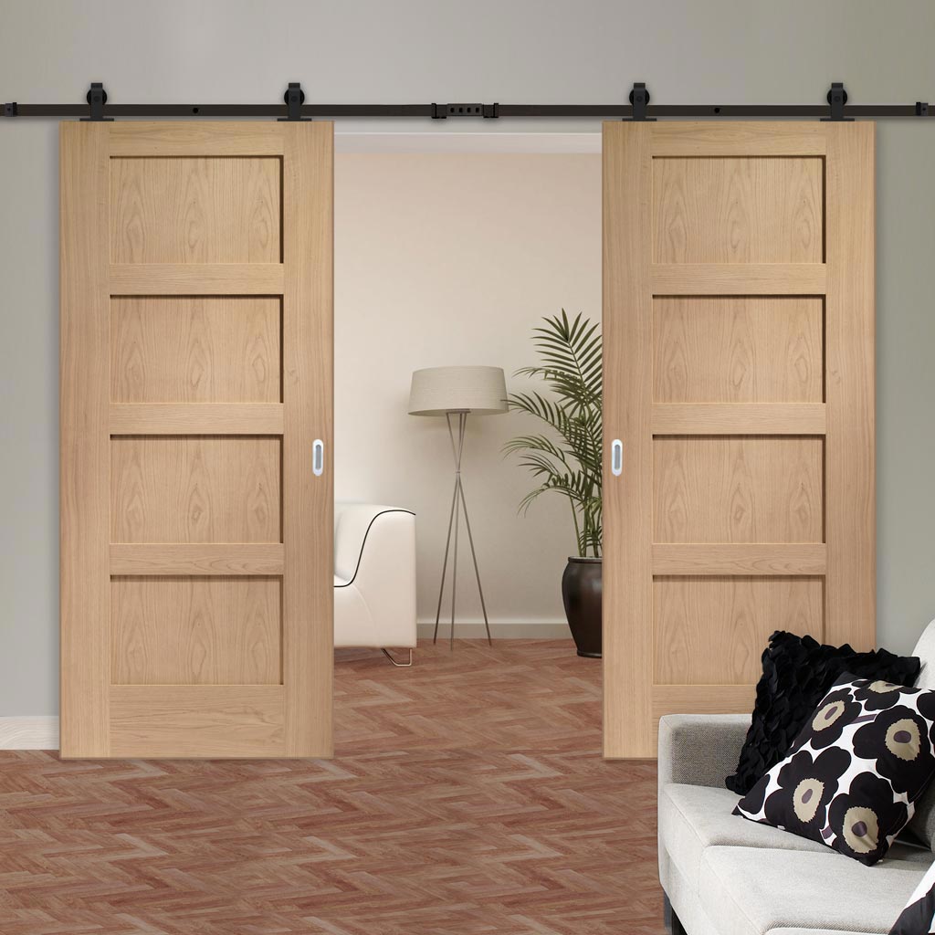 Top Mounted Black Sliding Track & Double Door - Shaker Oak 4 Panel Doors - Prefinished