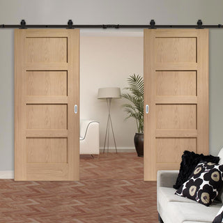 Image: Top Mounted Black Sliding Track & Double Door - Shaker Oak 4 Panel Doors - Prefinished