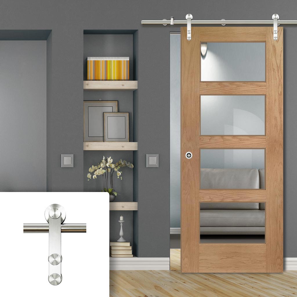 Saturn Tubular Stainless Steel Sliding Track & Shaker Oak 4 Pane Door - Clear Glass - Prefinished