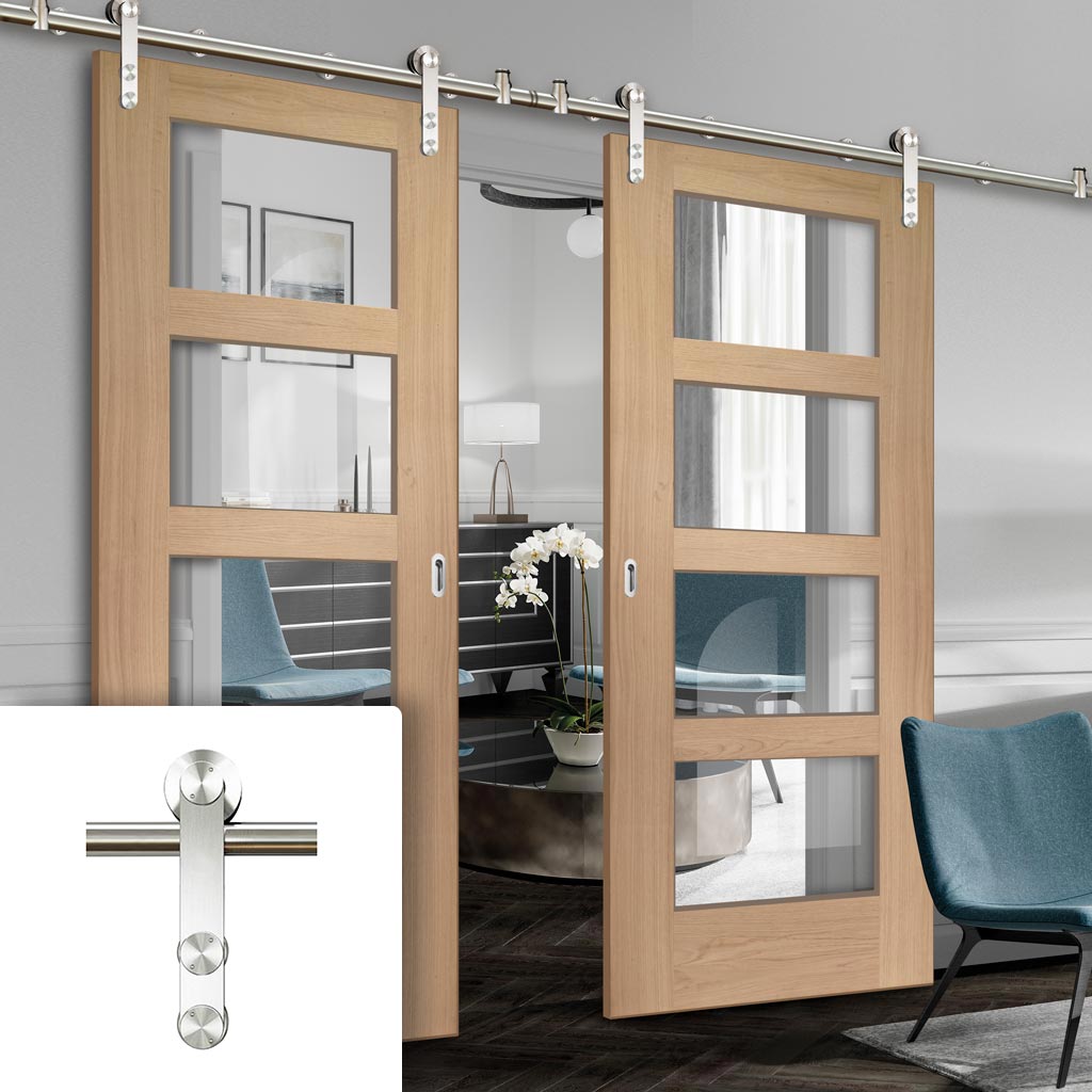Saturn Tubular Stainless Steel Sliding Track & Shaker Oak 4 Pane Double Door - Clear Glass - Prefinished