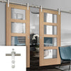 Saturn Tubular Stainless Steel Sliding Track & Shaker Oak 4 Pane Double Door - Clear Glass - Prefinished