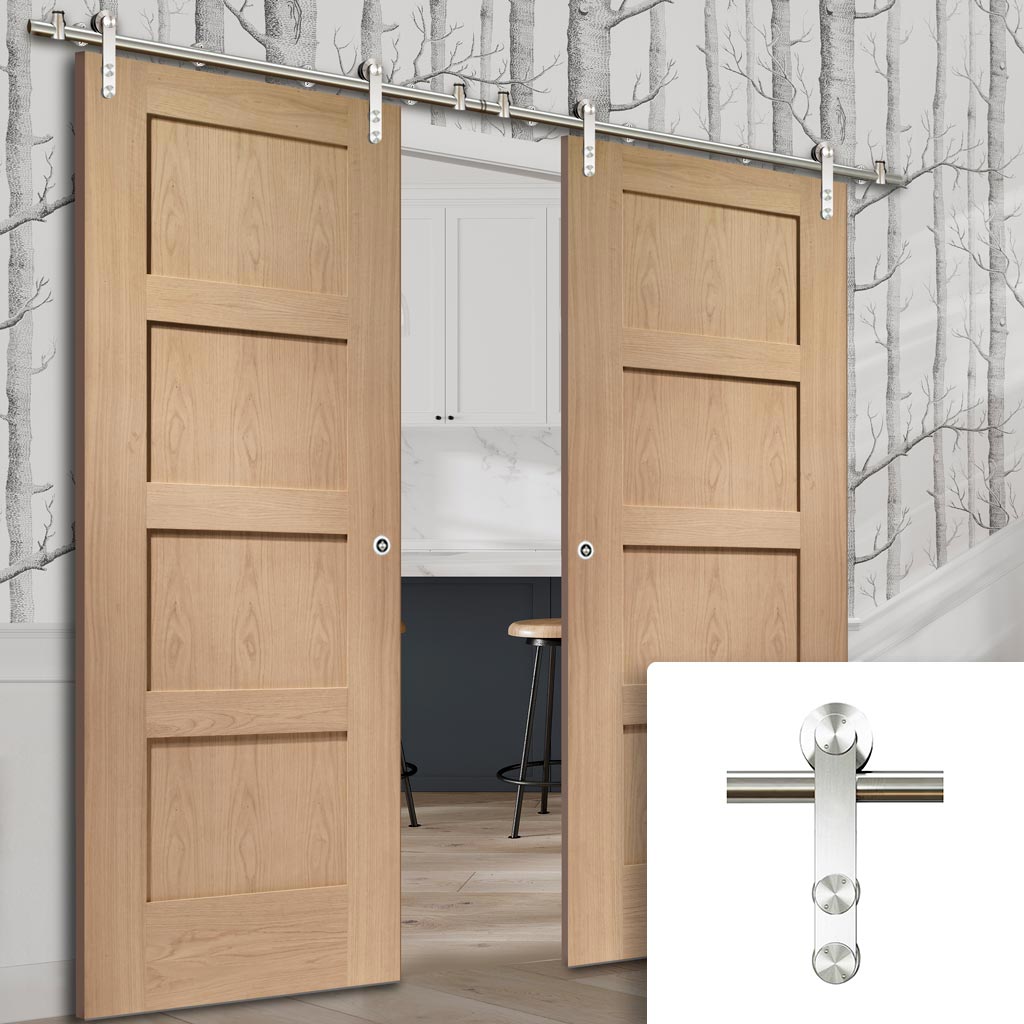 Saturn Tubular Stainless Steel Sliding Track & Shaker Oak 4 Panel Double Door