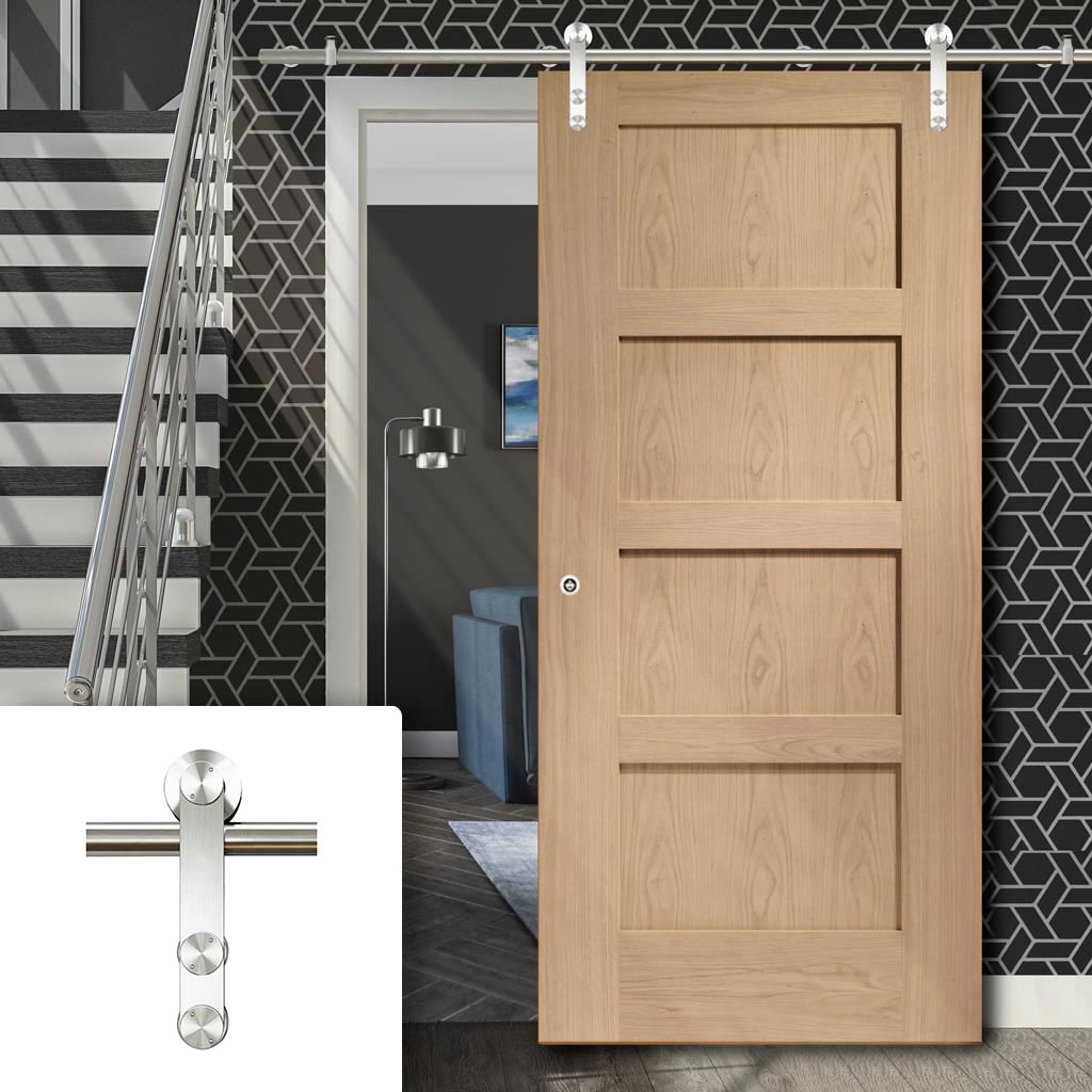 Saturn Tubular Stainless Steel Sliding Track & Shaker Oak 4 Panel Door - Prefinished