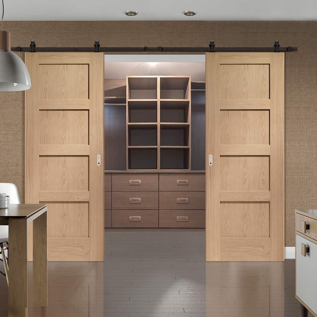 Top Mounted Black Sliding Track & Double Door - 4 Panel Shaker Oak Solid Doors - Unfinished