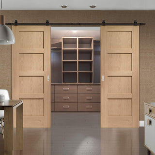 Image: Top Mounted Black Sliding Track & Double Door - 4 Panel Shaker Oak Solid Doors - Unfinished