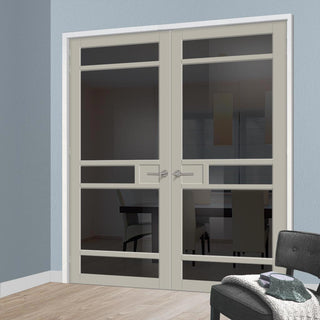 Image: Sheffield 5 Pane Solid Wood Internal Door Pair UK Made DD6312 - Tinted Glass - Eco-Urban® Mist Grey Premium Primed