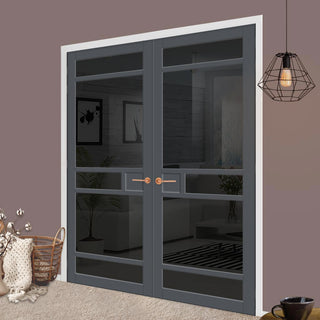 Image: Sheffield 5 Pane Solid Wood Internal Door Pair UK Made DD6312 - Tinted Glass - Eco-Urban® Stormy Grey Premium Primed