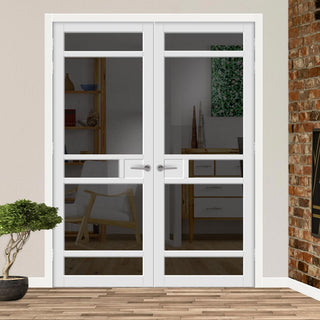 Image: Sheffield 5 Pane Solid Wood Internal Door Pair UK Made DD6312 - Tinted Glass - Eco-Urban® Cloud White Premium Primed
