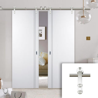 Image: Saturn Tubular Stainless Steel Sliding Track & Sierra Blanco Flush Double Door - White Painted