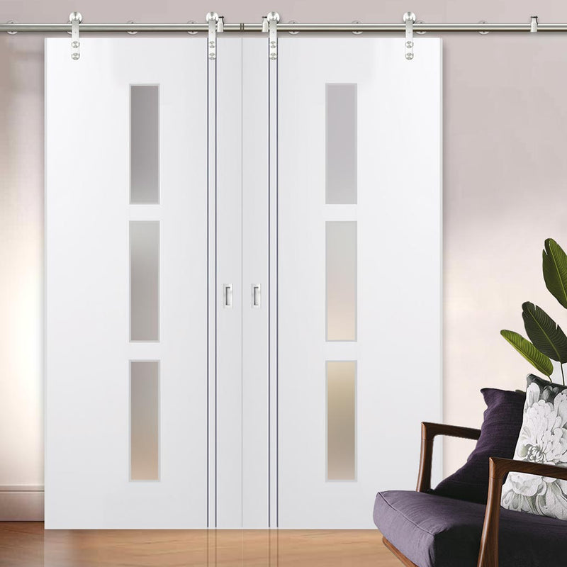 Saturn Tubular Stainless Steel Sliding Track & Sierra Blanco Double Door - Frosted Glass - White Painted