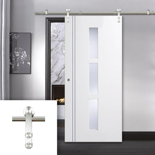 Image: Saturn Tubular Stainless Steel Sliding Track & Sierra Blanco Door - Frosted Glass - White Painted