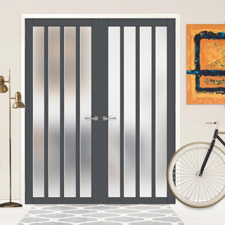 Image: Eco-Urban Sintra 4 Pane Solid Wood Internal Door Pair UK Made DD6428SG Frosted Glass - Eco-Urban® Stormy Grey Premium Primed
