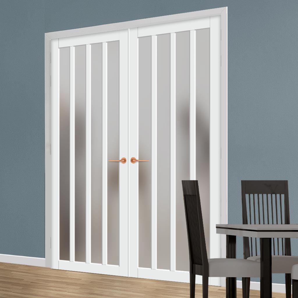 Eco-Urban Sintra 4 Pane Solid Wood Internal Door Pair UK Made DD6428SG Frosted Glass - Eco-Urban® Cloud White Premium Primed