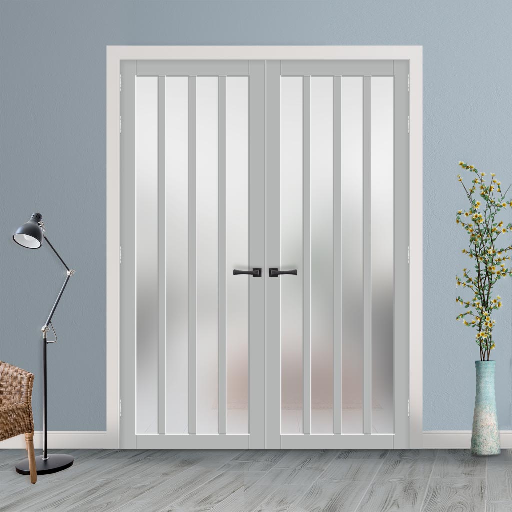 Eco-Urban Sintra 4 Pane Solid Wood Internal Door Pair UK Made DD6428SG Frosted Glass - Eco-Urban® Mist Grey Premium Primed