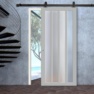 Image: Top Mounted Black Sliding Track & Solid Wood Door - Eco-Urban® Sintra 4 Pane Solid Wood Door DD6428SG Frosted Glass - Mist Grey Premium Primed