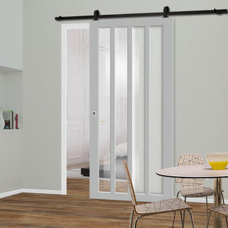 Image: Top Mounted Black Sliding Track & Solid Wood Door - Eco-Urban® Sintra 4 Pane Solid Wood Door DD6428G Clear Glass - Mist Grey Premium Primed