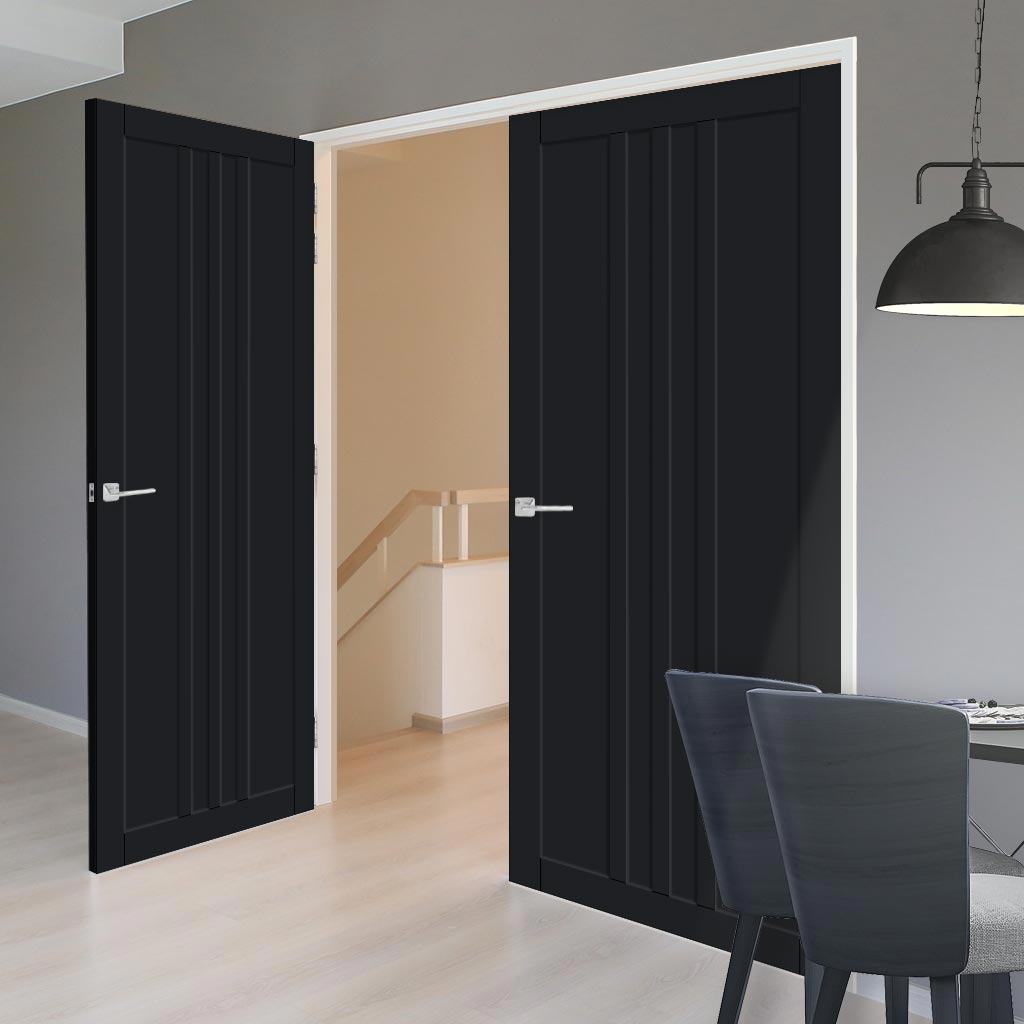 Skye 4 Panel Solid Wood Internal Door Pair UK Made DD6435 - Eco-Urban® Shadow Black Premium Primed