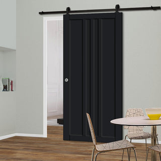 Image: Top Mounted Black Sliding Track & Solid Wood Door - Eco-Urban® Skye 4 Panel Solid Wood Door DD6435 - Shadow Black Premium Primed