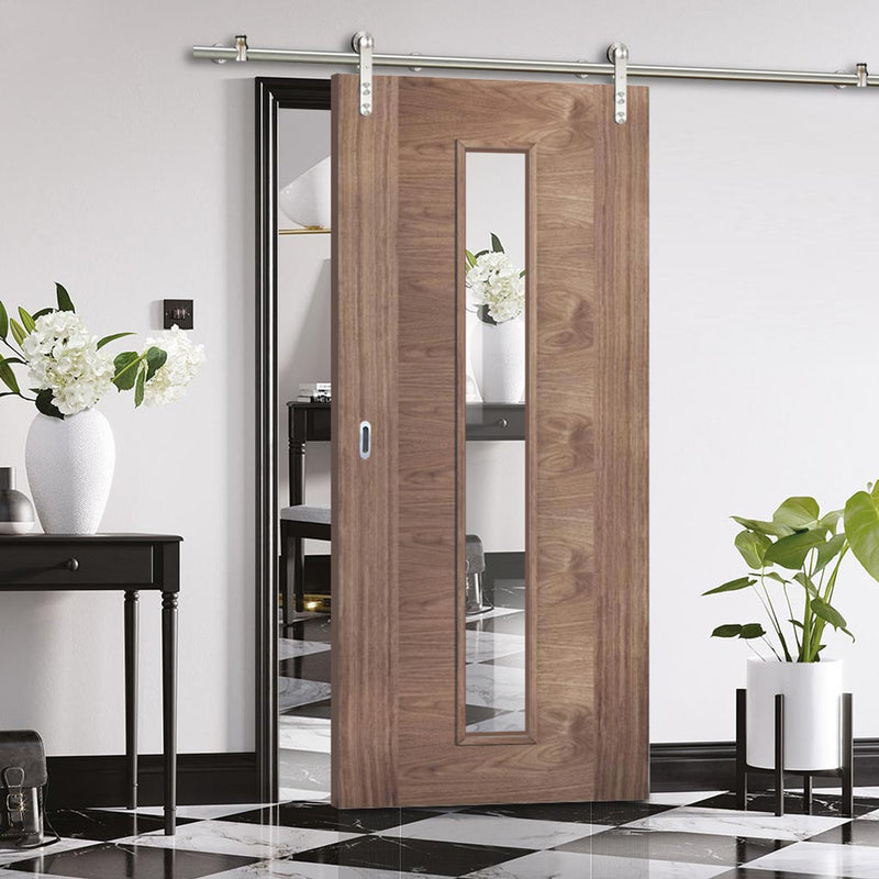 Saturn Tubular Stainless Steel Sliding Track & Sofia Walnut Veneer Door - Clear Glass - Prefinished