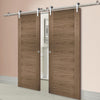 Saturn Tubular Stainless Steel Sliding Track & Sofia Walnut Veneer Double Door - Prefinished