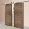 Saturn Tubular Stainless Steel Sliding Track & Sofia Walnut Veneer Double Door - Prefinished