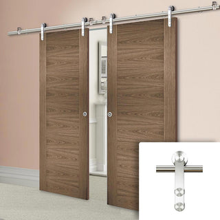 Image: Saturn Tubular Stainless Steel Sliding Track & Sofia Walnut Veneer Double Door - Prefinished