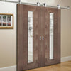 Sirius Tubular Stainless Steel Sliding Track & Sofia Walnut Veneer Double Door - Clear Glass - Prefinished