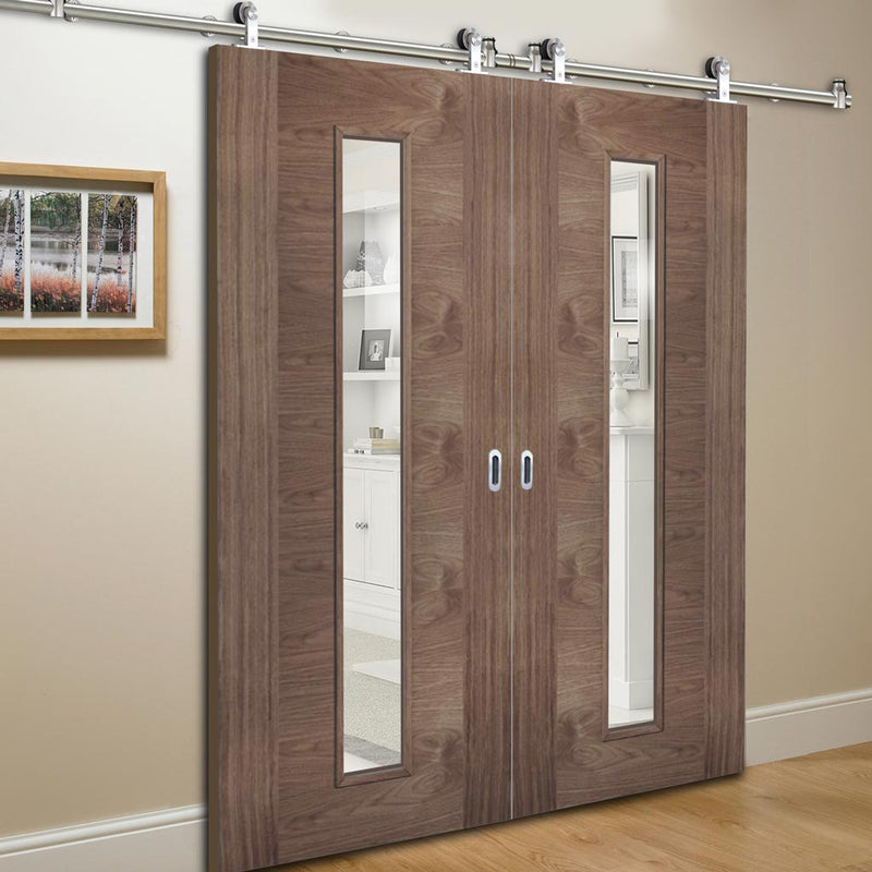 Sirius Tubular Stainless Steel Sliding Track & Sofia Walnut Veneer Double Door - Clear Glass - Prefinished