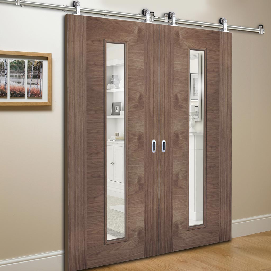 Sirius Tubular Stainless Steel Sliding Track & Sofia Walnut Veneer Double Door - Clear Glass - Prefinished