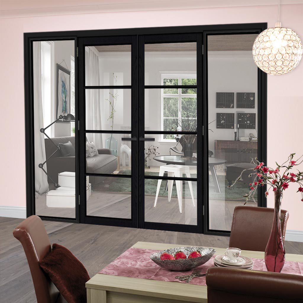 ThruEasi Room Divider - Soho 4 Pane Charcoal Clear Glass - Prefinished Door Pair with Full Glass Sides