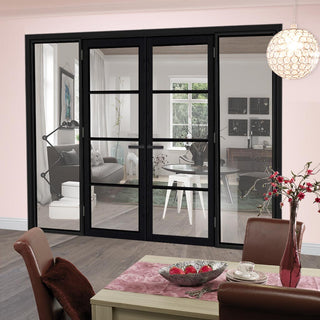 Image: ThruEasi Room Divider - Soho 4 Pane Charcoal Clear Glass - Prefinished Door Pair with Full Glass Sides