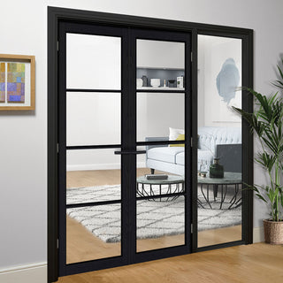 Image: ThruEasi Room Divider - Soho 4 Pane Charcoal Clear Glass - Prefinished Door Pair with Full Glass Side