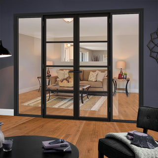 Image: ThruEasi Black Room Divider - Soho 4 Pane Primed Clear Glass Unfinished Door Pair with Full Glass Sides