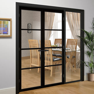 Image: ThruEasi Black Room Divider - Soho 4 Pane Primed Clear Glass Unfinished Door Pair with Full Glass Side