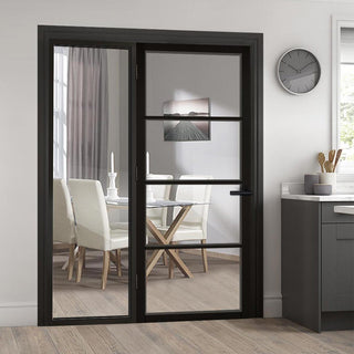 Image: ThruEasi Black Room Divider - Soho 4 Pane Primed Clear Glass Unfinished Door with Full Glass Side
