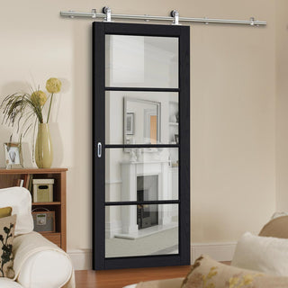 Image: Sirius Tubular Stainless Steel Sliding Track & Soho 4 Pane Charcoal Door - Clear Glass - Prefinished