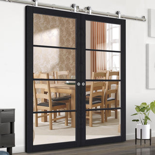 Image: Sirius Tubular Stainless Steel Sliding Track & Soho 4 Pane Charcoal Double Door - Clear Glass - Prefinished