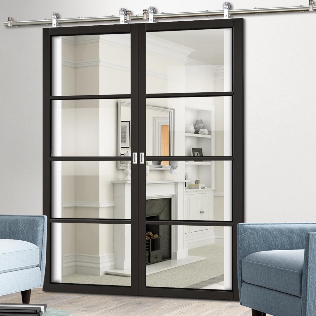 Sirius Tubular Stainless Steel Sliding Track & Soho 4 Pane Double Door - Clear Glass - Black Painted