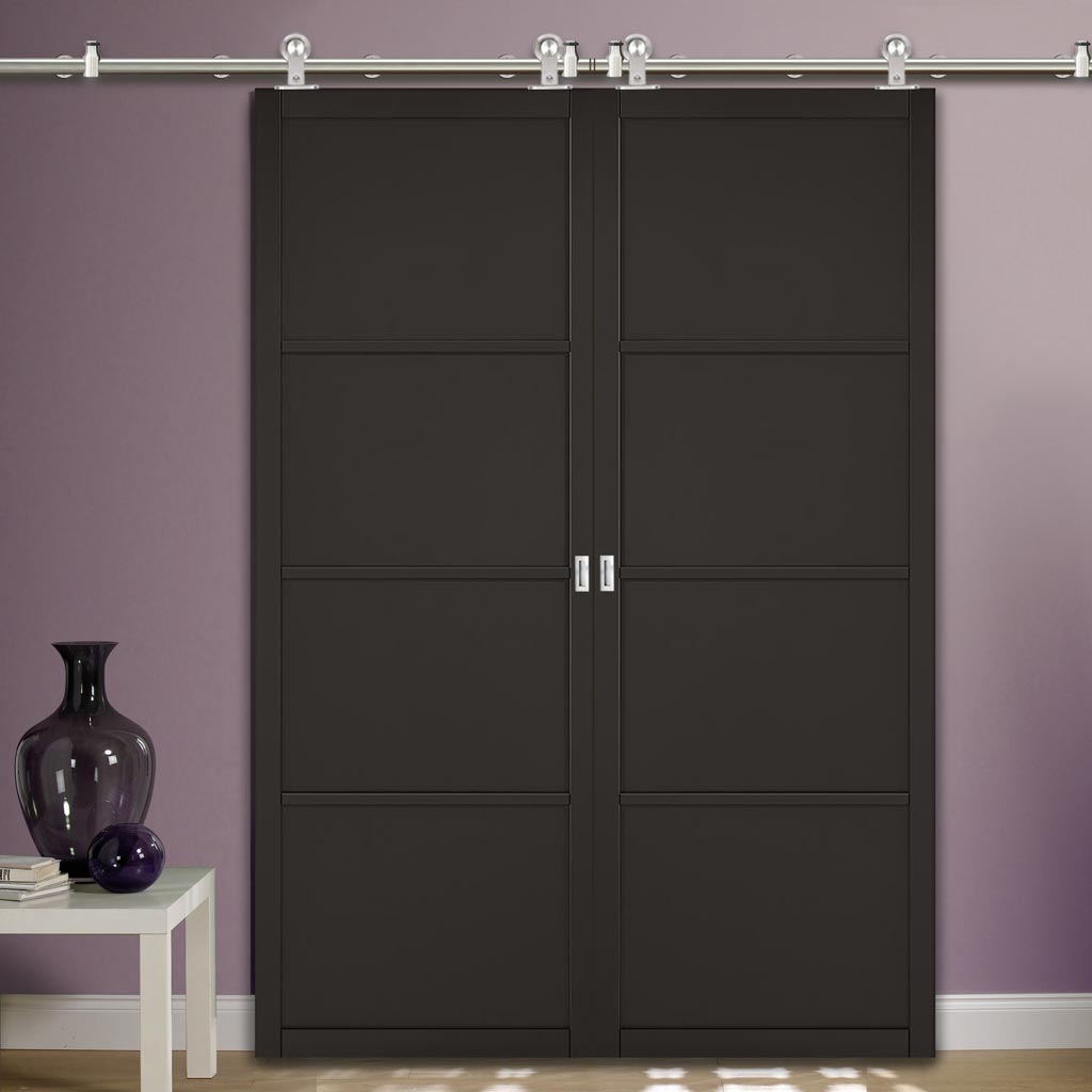 Sirius Tubular Stainless Steel Sliding Track & Soho 4 Panel Double Door - Black Painted - Prefinished