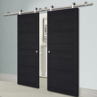 Image: Sirius Tubular Stainless Steel Sliding Track & Soho 4 Panel Charcoal Double Door - Prefinished