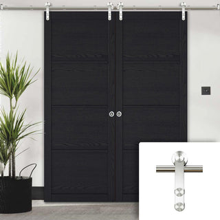 Image: Saturn Tubular Stainless Steel Sliding Track & Soho 4 Panel Charcoal Double Door - Prefinished