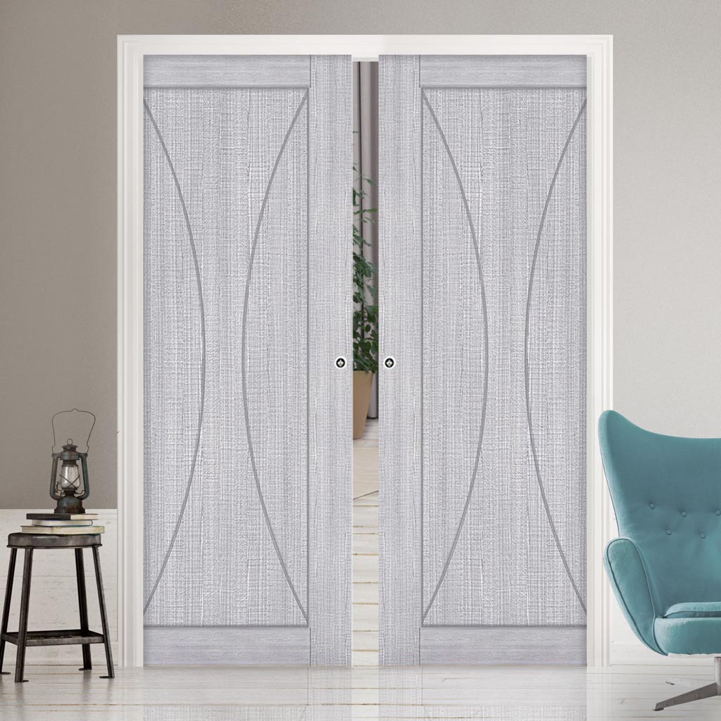 Sorrento Double Evokit Pocket Doors - Light Grey Ash - Prefinished