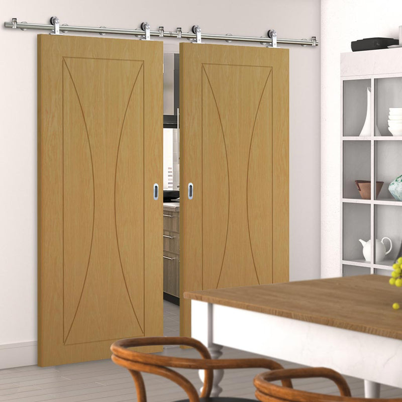 Sirius Tubular Stainless Steel Sliding Track & Sorrento Oak Flush Double Door - Prefinished