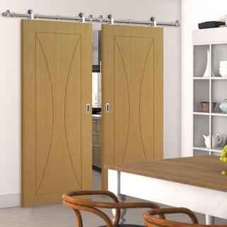 Image: Sirius Tubular Stainless Steel Sliding Track & Sorrento Oak Flush Double Door - Prefinished