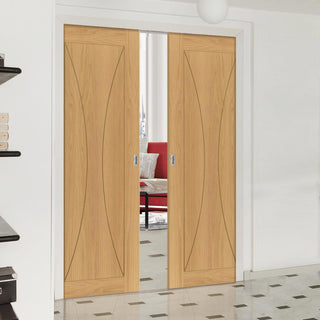 Image: Sorrento Oak Double Evokit Pocket Doors - Prefinished